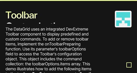 Declare a toolbar item element and specify the name and properties that you want to customize. . Ontoolbarpreparing devextreme